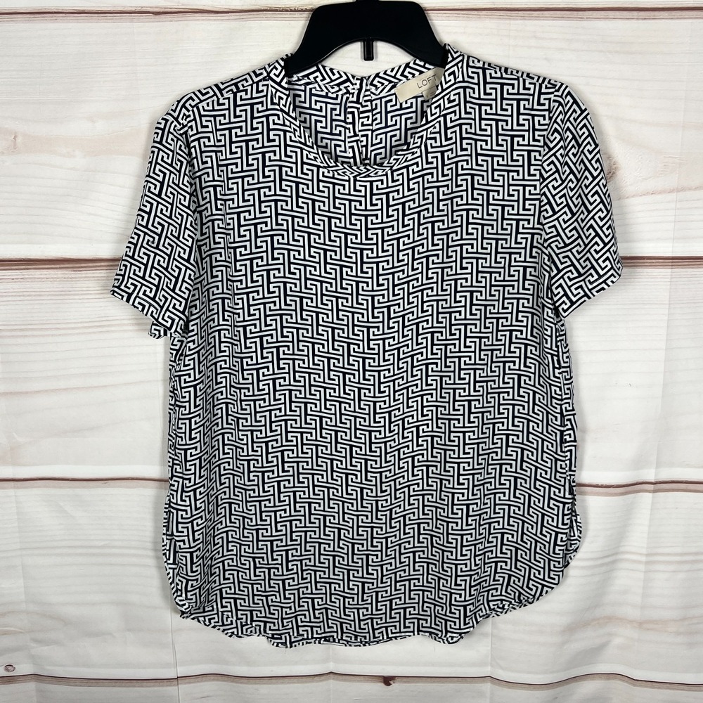 LOFT Top Womens Small Blue Geometric Print Blouse‎ Short Sleeve Round Neck Woven